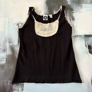 Vintage Saks Fifth Avenue Boho Silk Blend Black Tank Top w/ Crochet Neckline M